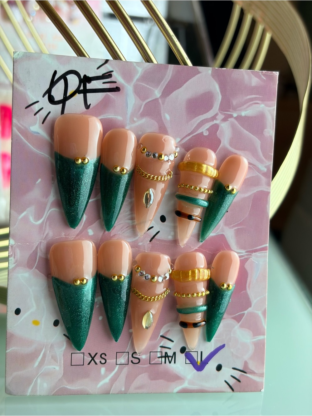 Green & Nude Stiletto Press-On Nails with Gold Accents Large